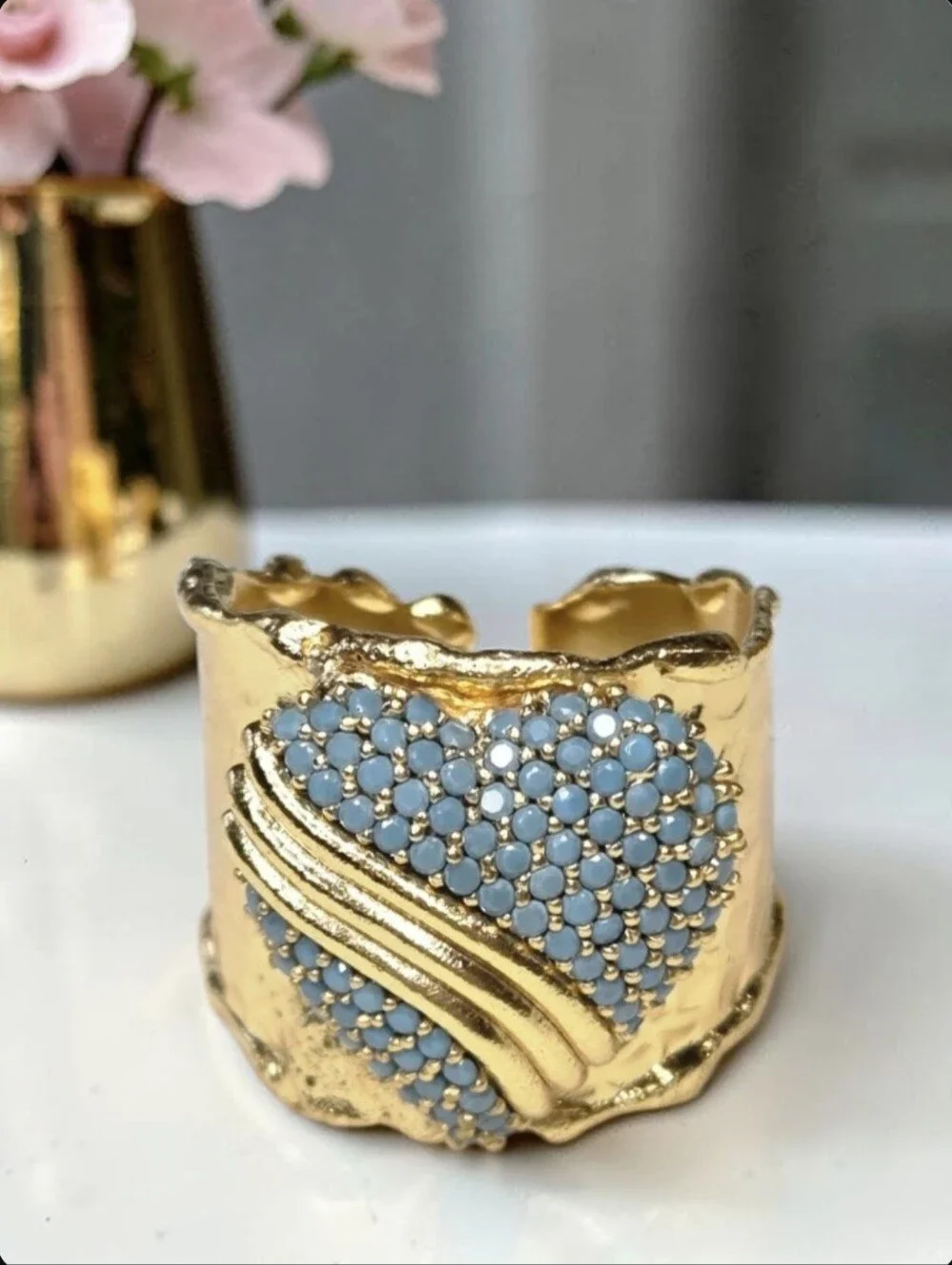 24k Gold Plated Chunky Hammered Turquoise Heart Crystal Wide Band Ring